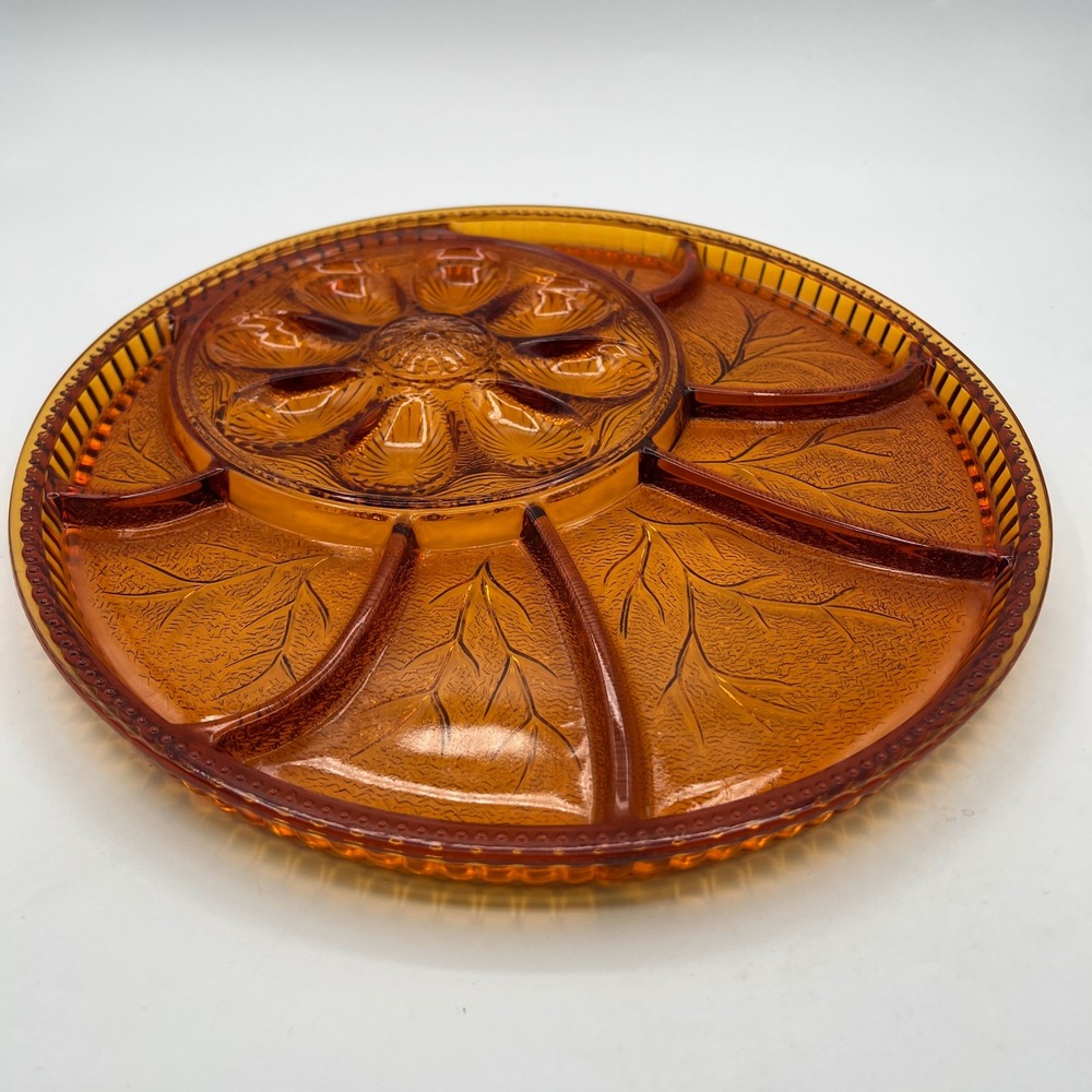 VTG Indiana Glass Amber Tree Life Deviled Egg Relish Serving Dish Plate Tray 13"